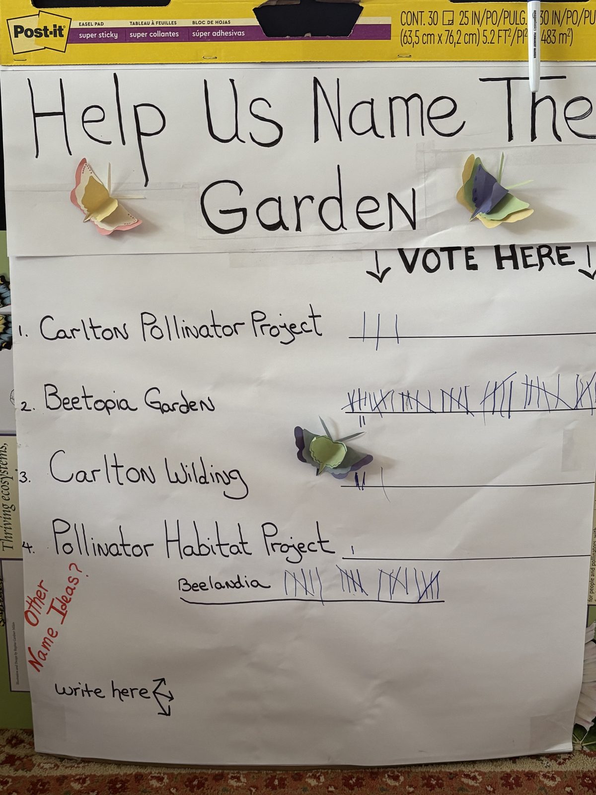 A hand-lettered poster asking visitors to vote on a name for the garden, with tally marks