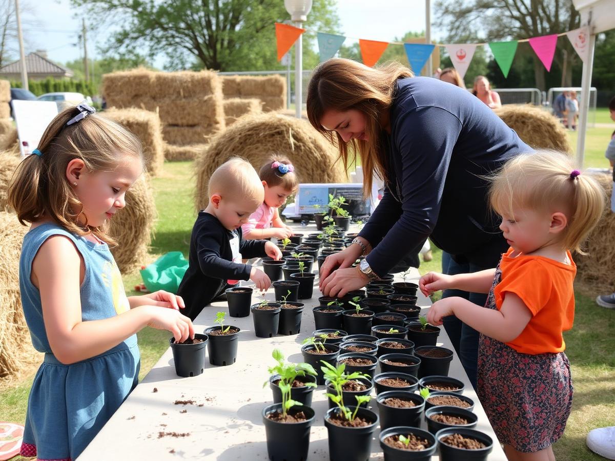 Children potting seedlings at a festival table with a volunteer helping