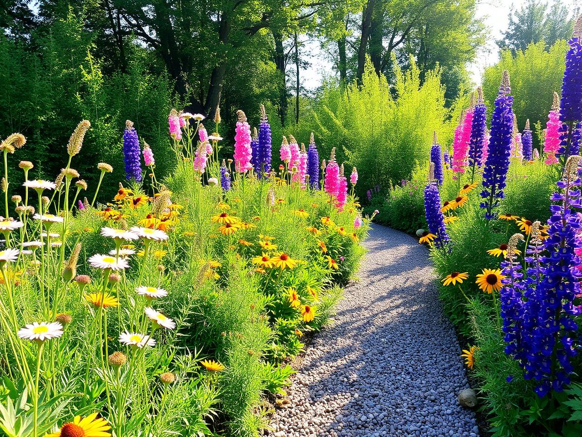Backyard pollinator garden in full bloom along a gravel path