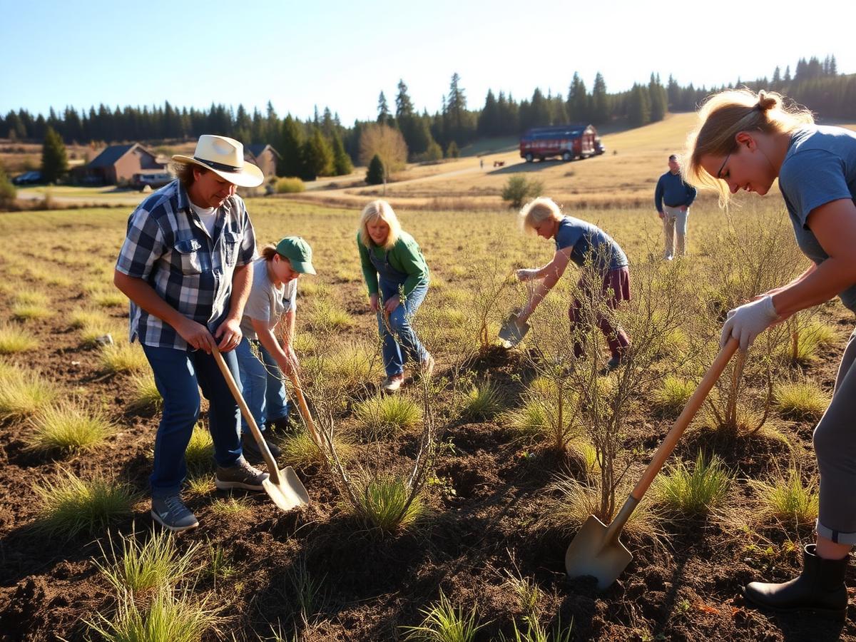 Volunteers of all ages planting native shrubs in a sunny Carlton field