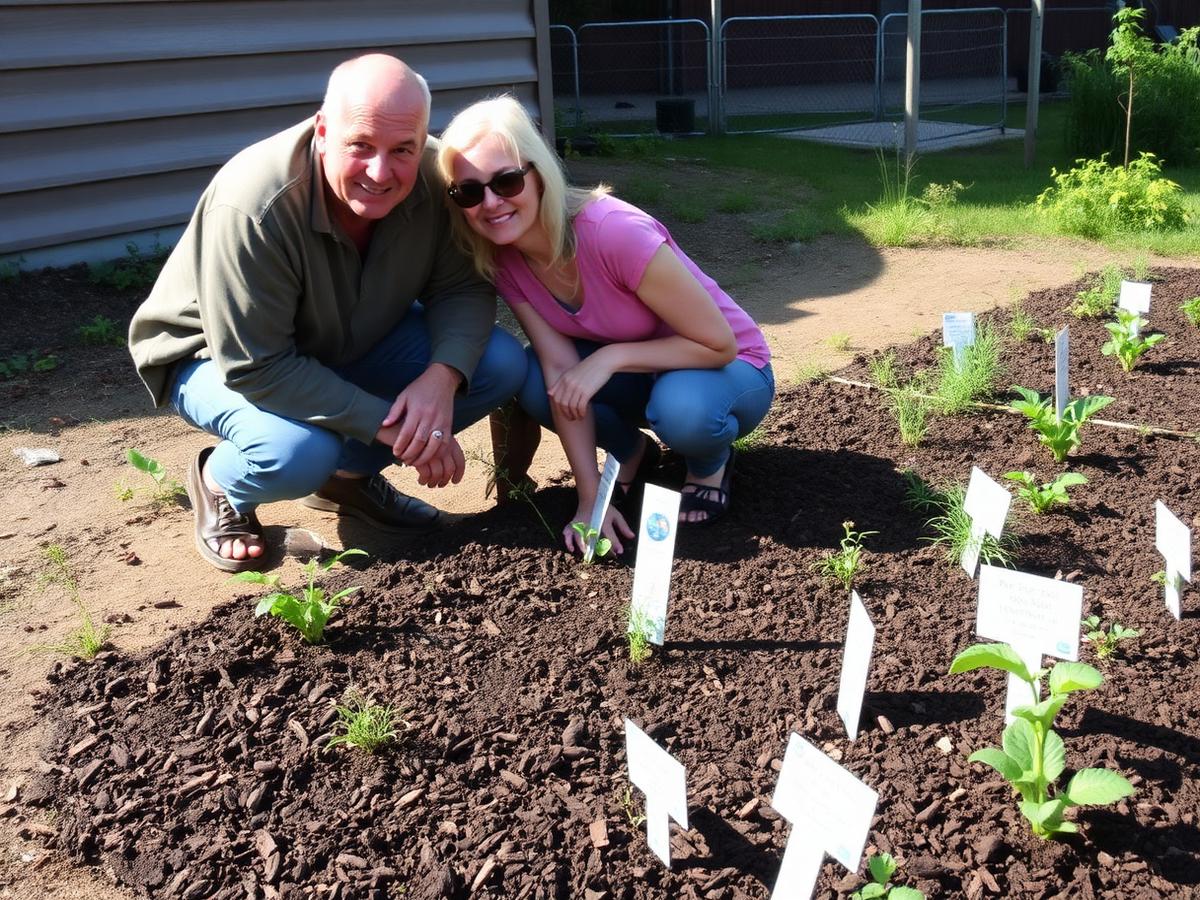 Two volunteers kneeling beside a newly planted pollinator bed with plant labels
