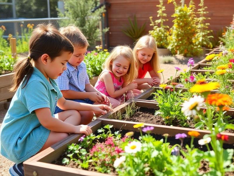 Students and volunteers tending a school pollinator garden
